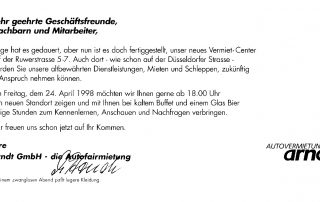 Einladung zur Neueröffnung der Niederlassung Autovermietung Arndt Ruwerstrasse 5-7 in 1998